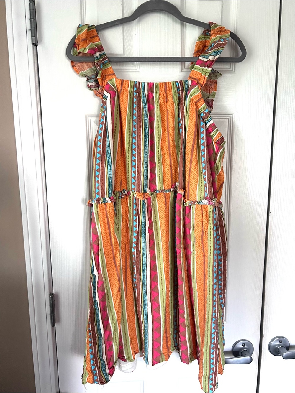 Savanna Jane 1X Colorful Boho Geometric Stripe Ruffle Strap Dress
